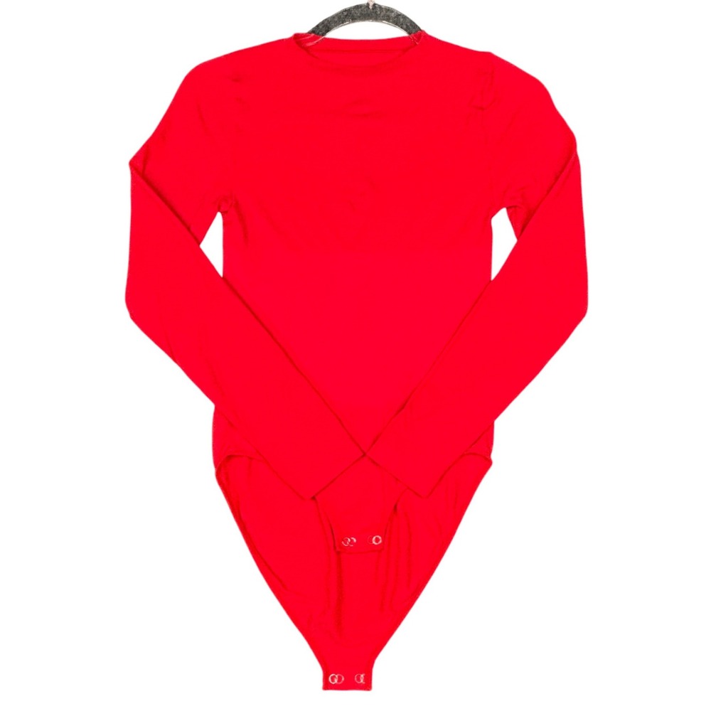 Feelingirl Womens Red Long Sleeve Bodysuit Crew Neck Snap Closure Size M/L